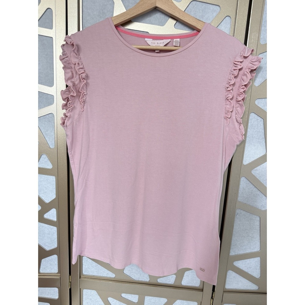 Pink Ted Baker Tee T Shirt Flutter Ruffle Sleeves Lightweight Shirt Size 10 TB 4